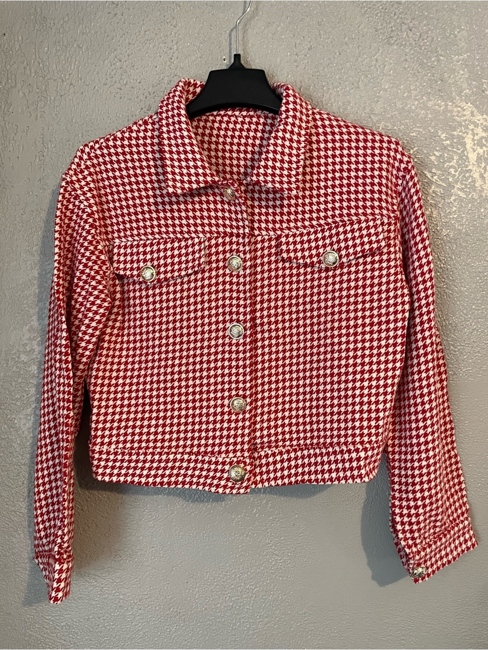 Red Houndstooth Cropped Jacket - Women